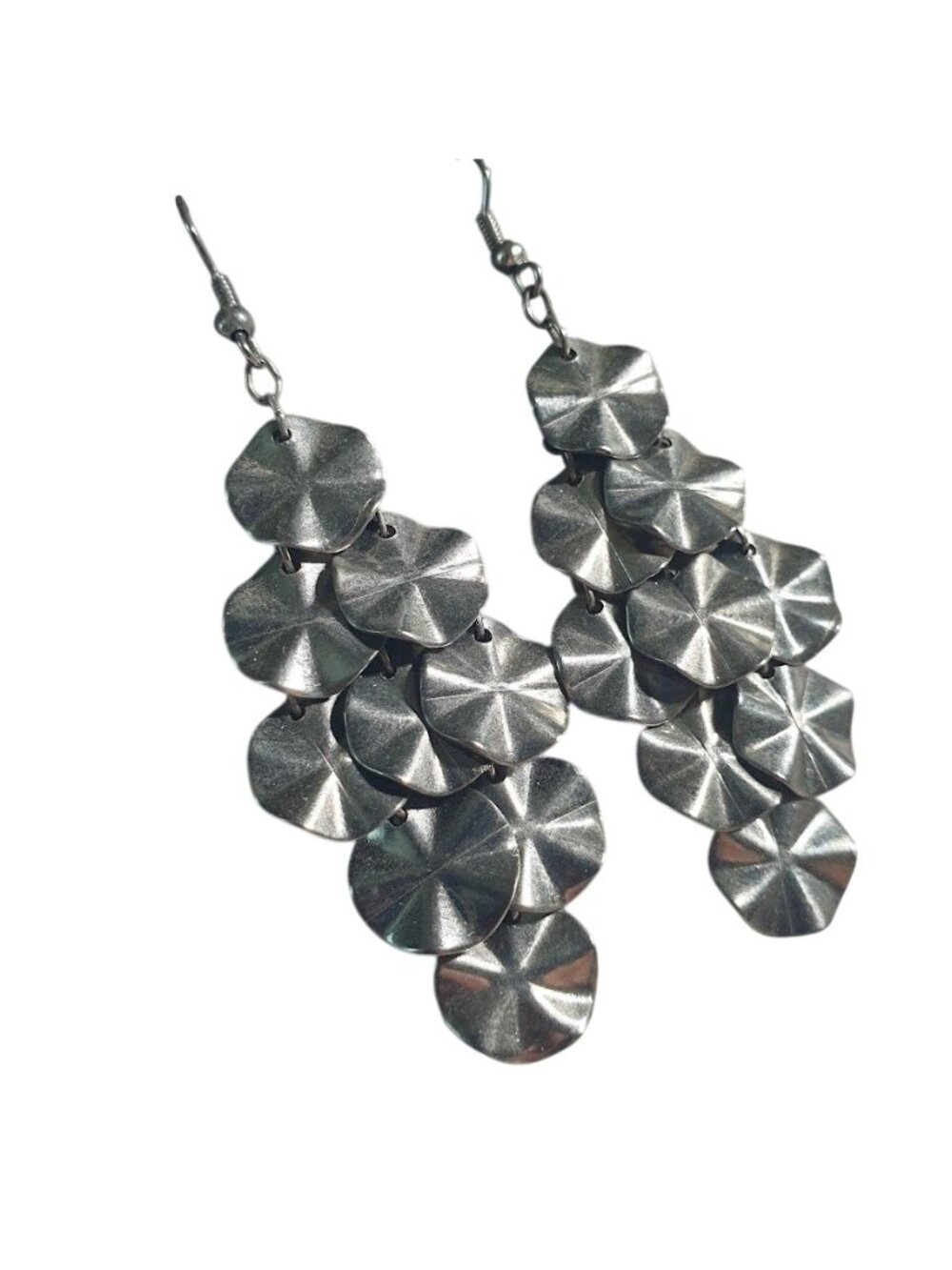 Silver Tone Dangle Disc Chandelier Earrings Layered Circular Textured Hook Back